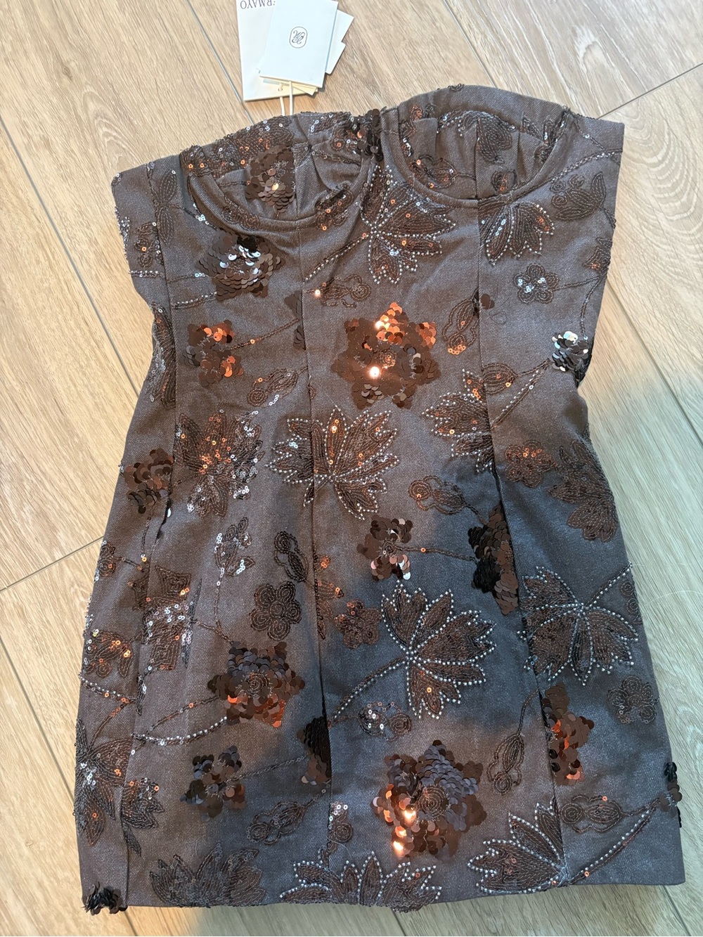 Peppermayo Brown Strapless Sequin Floral Party Dress